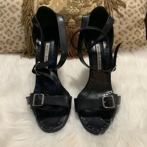Manolo Blahnik black leather double strap around the ankle shoes